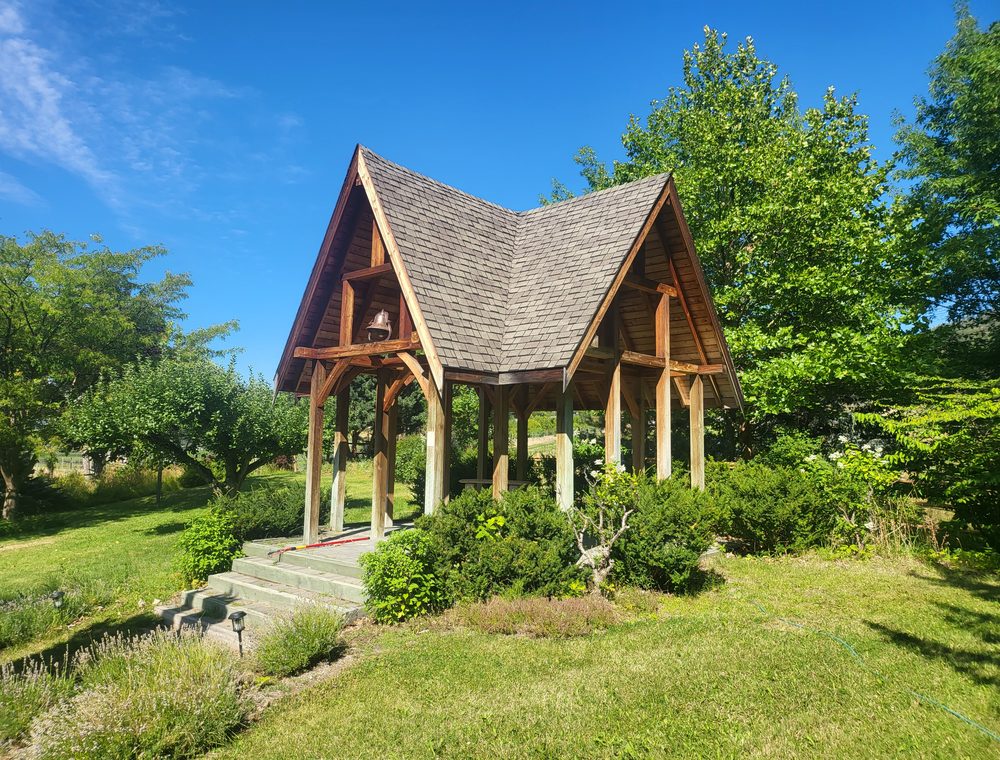 The timber-framed wedding chapel at Elysium Gardens.