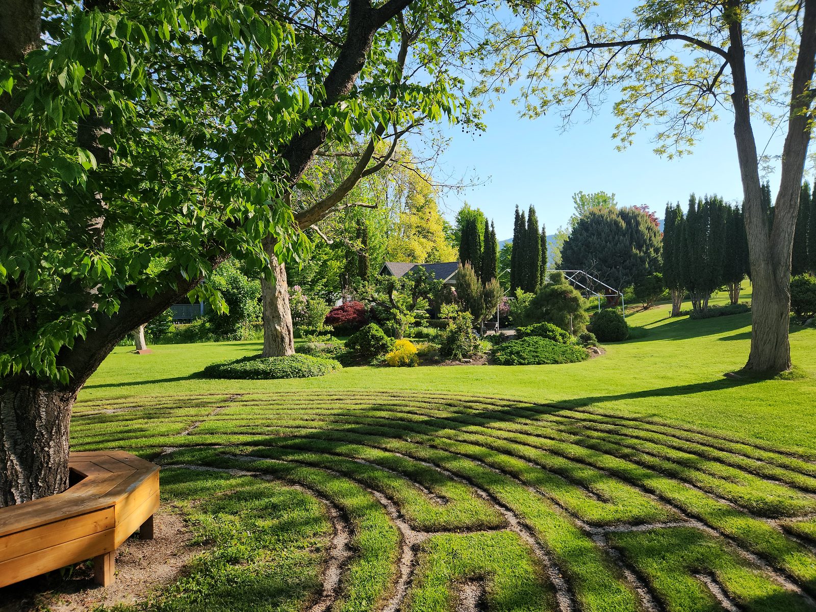 The grass prayer labyrinth at Elysium Gardens, a single winding path between hedges.