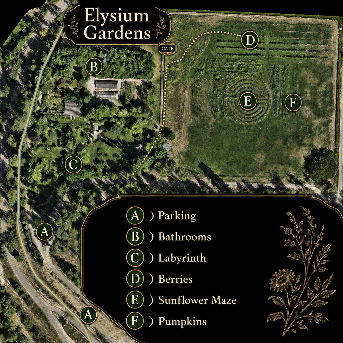 Illustrated map of Elysium Gardens showing parking, bathrooms, the labyrinth, berries, sunflower maze and pumpkins.